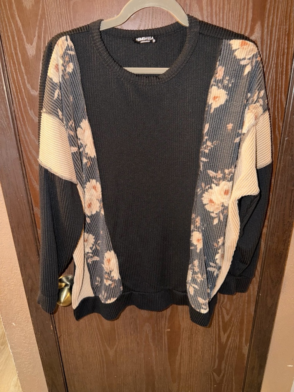 HEIMISH Black Crewneck Sweater with Cream Floral Panels